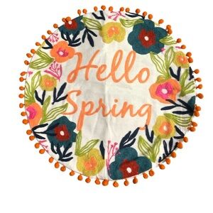 Multicolor Floral Accent Embroidered Round Accent Pillow Case Cover with PomPoms